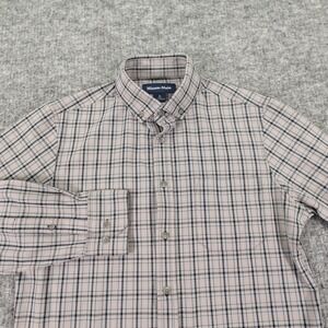 Mizzen+Main Shirt Mens Medium Gray Orange Plaid Trim Fit‎ Stretch Dress 1WS-1305